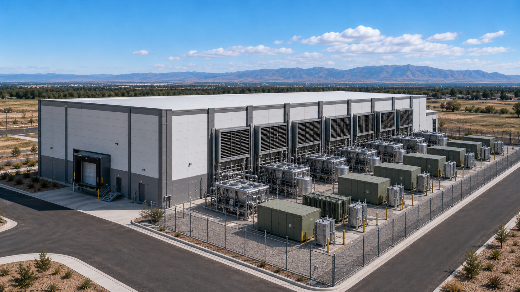 Aerial view of a data center building with exterior cooling units and fencing