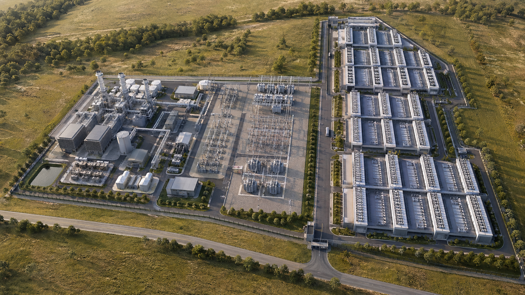 Aerial render of a gigawatt-scale campus showing a generation facility and rows of data halls
