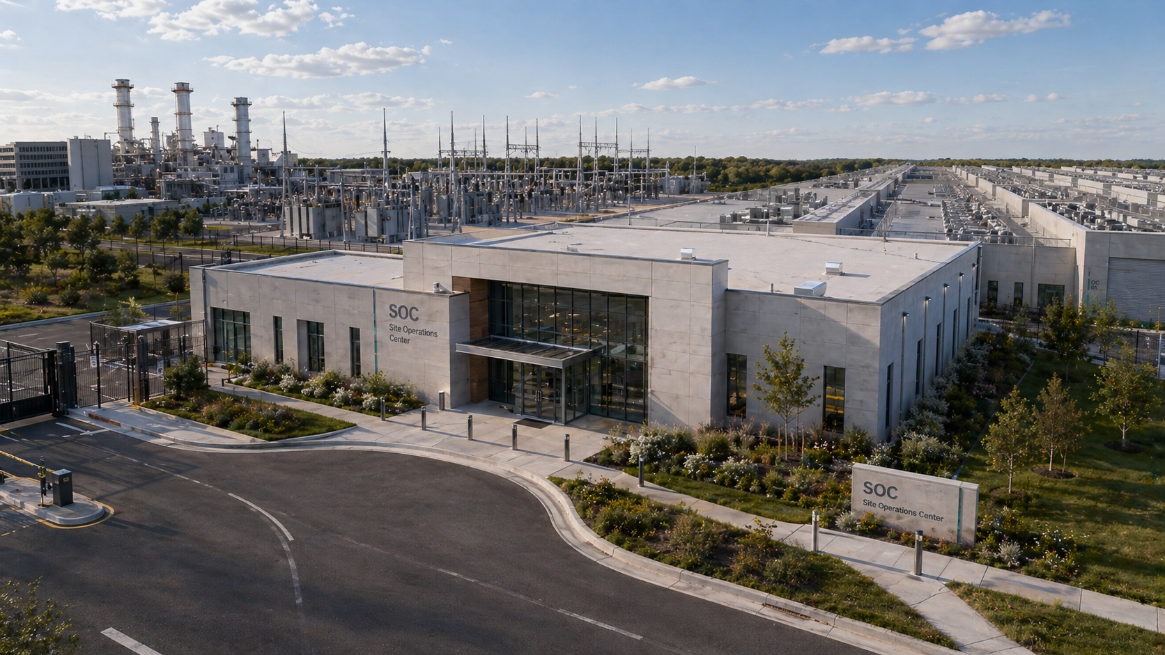 Aerial view of a site operations center with generation plant and data hall rows