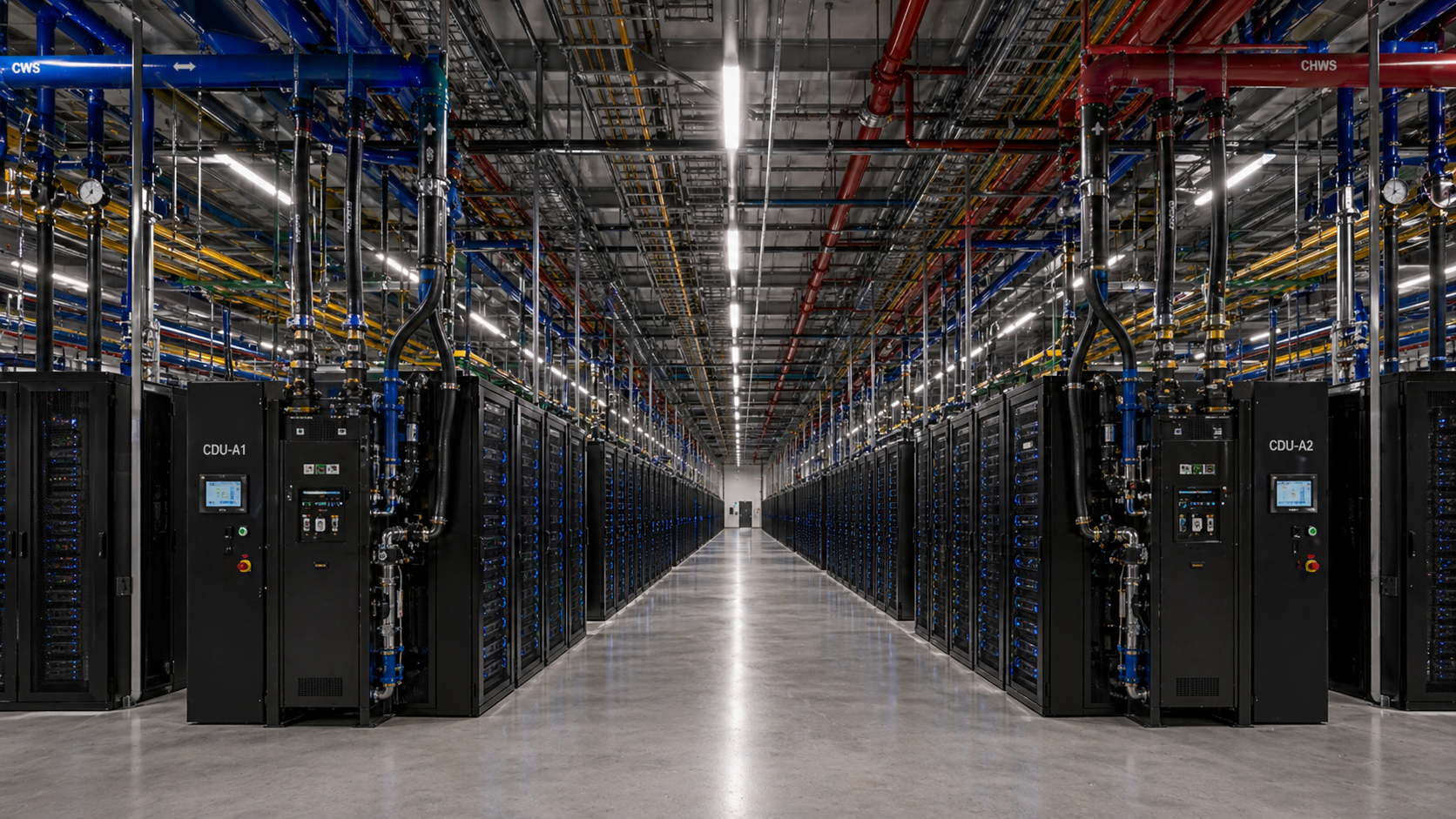 Interior data hall with CDU liquid cooling units and rows of server racks