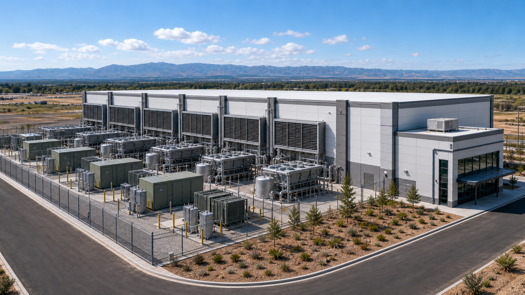 Ground-level view of a data center building with exterior cooling infrastructure