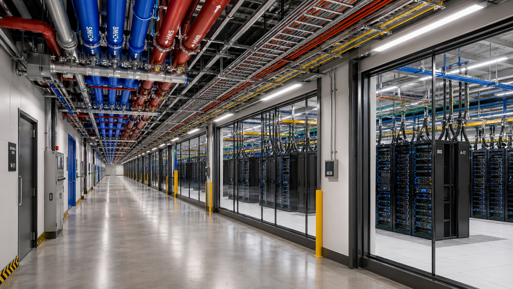 Interior corridor alongside glass-walled server halls with overhead cooling and power distribution